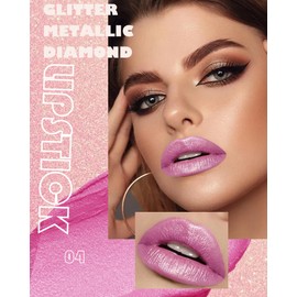 Glitter Metallic Pink Lipstick Shimmer Nude Lip Gloss Long Lasting for Women,Diamond Sparkling Shiny Lip Stick Transfer Proof Non Stick Matte Lipgloss,Shimmer High Pigmented Lip Color Balm Makeup-04