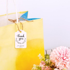 BUNCHBRAVO Thank You Tags with String – 100 Pack Kraft Paper Gift Tags with Jute Twine, White Thank You for Celebrating with Us Labels for Wedding Favors, Showers and Birthdays