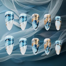 24Pcs Sparkly Curve Line Press on Nails Blue Gradient Medium Almond Fake Nails Glossy Gold Glitter Stick on Nail Marble Gel Glue on Fingernails Acrylic Full Cover False Nail for Holiday Manicure Art