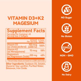 Vevoec Vitamin D3 4000IU +K2(MK-7) 70 microgram Magnesium 200mg-high Absorption Supporting Bones, Immune Support, Energy and Emotion, Gluten-Free, Sugar-Free Softgels for Women & Men,90 Softgels-Pack