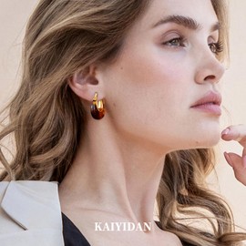 Gold Hoop Earrings For Women Trendy,14K Gold Plated Chunky Dangle Hoop Earrings,Statement Thick Yellow Gold Huggie Medium Hoops,Fashion Jewelry Gift. (C7 Brown Amber Oval Hoops)