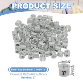 PATIKIL 100 Pcs Clothes Hanger Markers Number 37 Tags Fit 3mm Rod Garment Size Tag Hanger Clips Round Color Coding Label for Clothing Hangers, Gray