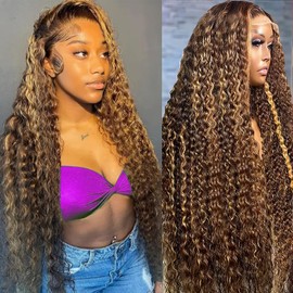 28 Inch Highlight Ombre Deep Wave Lace Front Wig Human Hair 180% Density Honey Blonde Wig Human Hair 13x4 HD Full Lace Frontal Wigs Human Hair 4/27 Colored Curly Glueless Wig Human Hair for Women