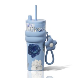 Sidagar 710ml Water Bottle Vacuum Insulated Tumbler Stainless Steel Reusable Straw Leak Proof Water Bottle Hot and Cold Travel Coffee Cup Floral Blue