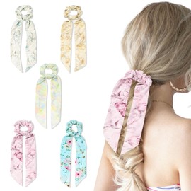 Yonchic 5-Piece Satin Hair Scarf Scrunchies for Women & Girls, Cute Ribbon Bowknot Elastic Hair Ties, Fashion Flower Print Ponytail Holders, Elegant Rubber Bands Scrunchy (Flower Print-03)