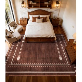 YIHOUSE Brown Bordered Rugs for Living Room 8x10, Non-Slip Washable Farmhouse Bedroom Rug, Ultra-Soft Low-Pile Indoor Carpets, Stain-Resistant Vintage Polka Dot Rugs for Dining Room, Office