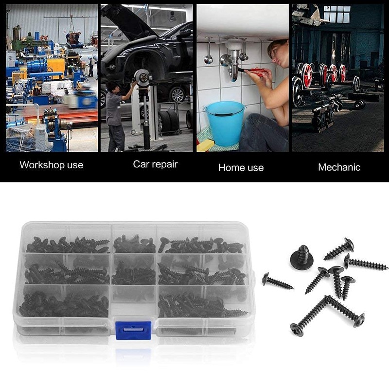 200Pcs Black Stainless Steel Round Head Self-tapping Screws Assortment Kit