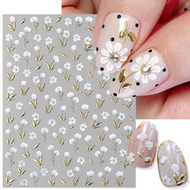 5D White Flower Nail Stickers for Women, 5D Embossed Tulip Nail Decals Self Adhesive Flower Stickers for Nails Design Spring Summer Floral Decor Sticker Nails Supplies Vintage Flowers Nail Art Decals