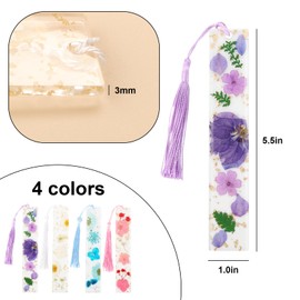 Miruchertter 4 Pcs Dried Flower Bookmarks Transparent Resin Page Marker with Tassel Book Accessories Gift for Reading Lover Teacher Students