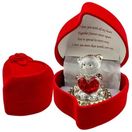 SAFRI Love Heart Teddy Bear Celebration Red Velvet Touch Rose Gift Boxed Glass Present for BF GF Husband Wife