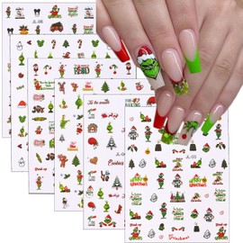 6 Sheets Cartoon Nail Stickers 3D Self-Adhesive Christmas Nail Decals Xmas Tree Green Monster Nail Designs Cute Winter Xmas Nail Art Stickers Christmas Nail Decoration Supplies for Women Girls Kids