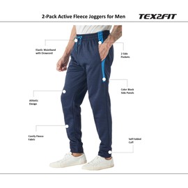TEX2FIT 2-Pack Men's Active Fleece Joggers with Side Pockets, Jogging Pants (2pcs Set) (Light Grey Heather 1 / Navy Heather, Medium)