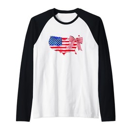 4th Of July Coquette Outfit Girl Bow American USA Flag Raglan Baseball Tee