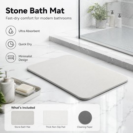 Stone Bath Mat Quick Dry, Diatomaceous Earth Bath Mat Non Slip Absorbent Floor Mat, Diatomite Stone Drying Mat for Bathroom Comes with Non-slip Pad and Sandpaper (Off-White, 24" x 15.5" x 0.4")
