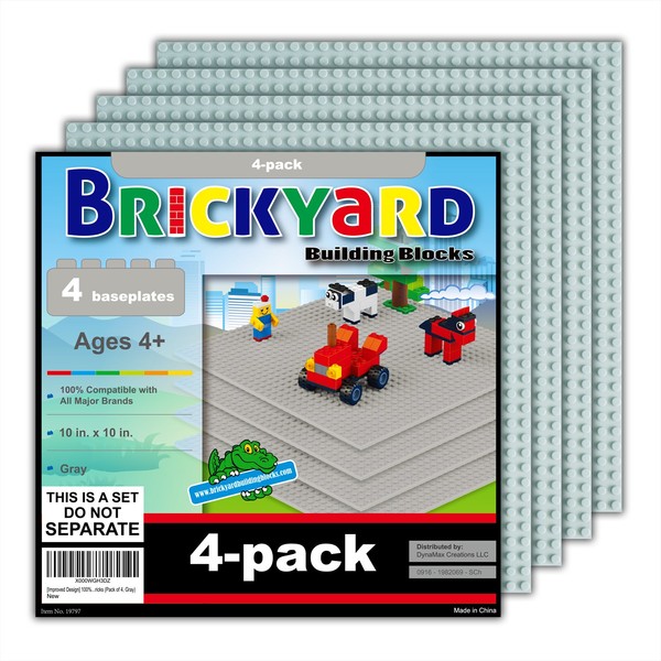Brickyard Building Blocks 4 Gray Baseplates, Improved Design 10 x 10 Inches Large Thick Base Plates for Building Bricks, for Activity Table or Displaying Compatible Construction Toys (4-Pack, Grey)