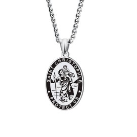 LAOYOU St. Christopher Medal Men's Women's Saint Christopher Necklace For Men Women Car Stainless Steel Pendant Catholic Patron Saint of Travellers Amulet Protection Jewelry Gifts Silver Oval
