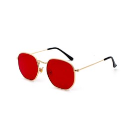 WDZAYXC Classic Polygonal Embossed Design Sunglasses with Metal Frame for Men and Women, UV Protection, Gold/Red