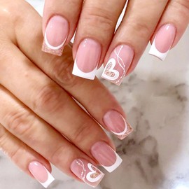 Nude Glitter White Heart Press on Nails Fake Nails Medium Short Coffin Square,Aqinmony with Designs False Nails Short Square, French Tip Full Cover Glue on Nails, Glossy Acrylic Thick Stick on Nails For Women 24Pcs CW41