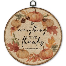 TLESKE Fall Christian Bible Thanksgiving Round Wall Art Decor Framed 10x10, in Everything Give Thanks Pumpkins Canvas Wall Art Prints Artwork, 1 Thessalonians 5:18 Hanging Room Door Decor for Bedroom