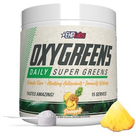 EHP Labs OxyGreens Super Greens Powder with Spirulina & Chlorella, Prebiotic Fiber, Probiotics & Digestive Enzymes – Antioxidant Green Superfood Supplement - 15 Servings - Pineapple