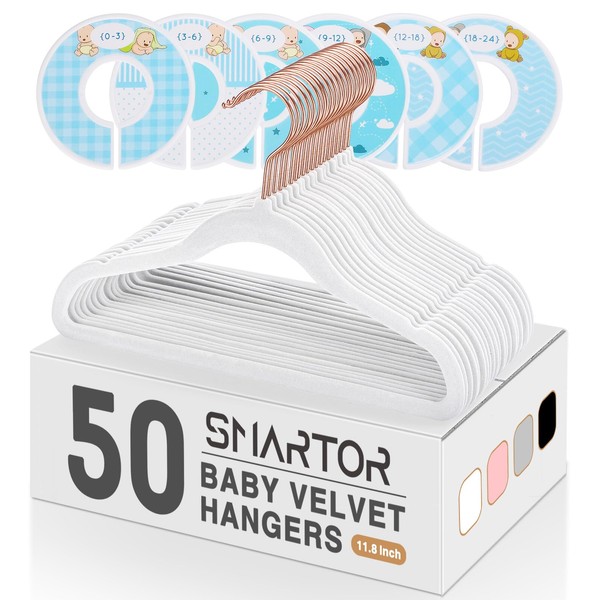 Smartor Premium Velvet Baby Hangers for Closet 50 Pack, 11.8" Safe Durable Baby Clothes Hangers for Nursery with 6 Pcs Closet Dividers, Sturdy Felt Hangers for Toddler/Infant/Kids/Childrens - White