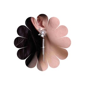 Inateannal Rhinestone Flower Tassel Earrings Silver Long Crystal Chain Earrings Pearl Flower Stud Earrings CZ Flower Dangle Earrings Hollow Petal Earrings Jewellery for Women and Girls, Zinc, No