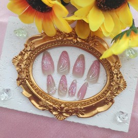 Cute Press on Nails Medium Almond Fake Nails with 3D Butterfly Flower Pearl Designs Pink Gradient Nails Press ons Glossy Glue on Nails Spring Acrylic Nails Summer Stick on Nails for Women 24Pcs