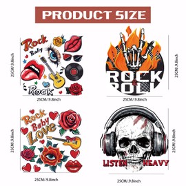SUPERDANT 4PCS Rock Iron on Transfer Paper Skeleton Heat Transfer Sticker Washable Iron on Decals for Rock Music Enthusiast T Shirts DTF Transfers Ready to Press for Clothing Hoodie Jackets DIY Gift