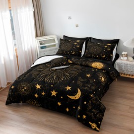 MOVE OVER 8 Pieces Bed in a Bag Sun and Moon Comforter Set Queen Celestial Bedding Set Black and Gold Galaxy Bedding Set for Teens and Adults Bohemian Gothic Bedding Comforter Set for Bedroom