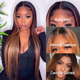 SOKU Lace Front Wigs Synthetic Pre Picked with Baby Hair 32 Inches Long Straight Brown Ombre Medium Wig Lace Transparent for Women Heat Resistant