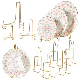 6 Pcs 3 Size Gold Display Stands for Display, 4 6 8 Inch Plate Holder & 6 Cup and Saucer Display Stand for Displaying Picture Frames, Book, Card, Mug Organizer, Bowl, Decorative Plates, Tablet and Art