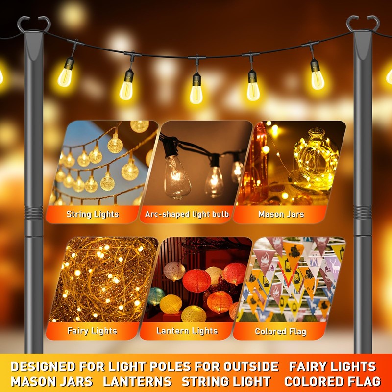 10Ft String Light Poles 6 Pack,Poles for Hanginig Outdoor String