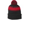 Sport-Tek Stripe Pom Pom Beanie OSFA Black/Tr Red