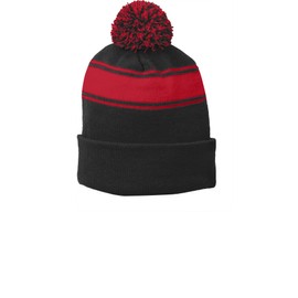 Sport-Tek Stripe Pom Pom Beanie OSFA Black/Tr Red