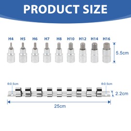 CPROSP 9-Piece Allen Socket Set 1/2 Inch with Attachment Rail, Hexagon Socket Set, Allen Nut 4 5 6 7 8 10 12 14 16 mm, Allen Socket Set 1/2, External Hex 1/2 Inch for Impact Wrenches