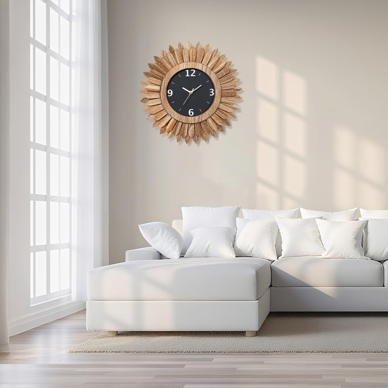 Honiway 16 Inch Wall Clocks, Rustic Wood Boho Sunburst Decorative