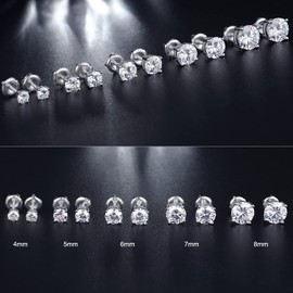 Stud Earrings Screw Back Diamond Studs Screw Back Cubic Zirconia Earrings Sterling Silver Screw Back Earrings 8mm CZ Earrings Studs Silver CZ Stud Earrings for Women Diamond Earrings Studs Fake