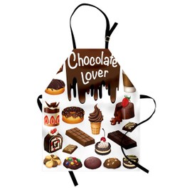 Lunarable Retro Apron, Chocolate Lover Theme Sweets Creamy Cakes Deserts Pattern Ice Cream Retro Design, Unisex Kitchen Bib with Adjustable Neck for Cooking Gardening, Adult Size, White Brown