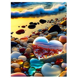 Aimorty 5D DIY Full Drill Diamond Painting Set, Heart Shaped Water Drops on Beach at Sunset, Diamond Art Cross Stitch Embroidery Kit for Wall Decoration, 30 x 40 cm