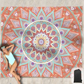 Beach Blanket Waterproof Sandproof Oversized 95”x 80”,Sand Free Beach Mat with Corner Pockets,Portable Mesh Bag for Beach Festival,Picnic,Travel and Outdoor Camping (Sunsetorange Green)