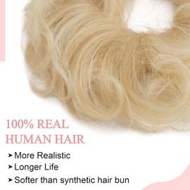 SEGO Messy Human Hair Scrunchies for Women Hair Buns Hairpiece [#613 Bleach Blonde] Real Remy Updo Scrunchies Donut Hair Extensions Chignons Curly Wavy (23g)
