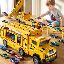 XINNOVEL Toddler Car Truck Toys for 3 4 5 6 7 8 Years Old Boys, Transporter Truck Toy Track Set with 12 Die-Cast Car Toys, Toy Gifts for 3 4 5 6 Year Old Boys Kids