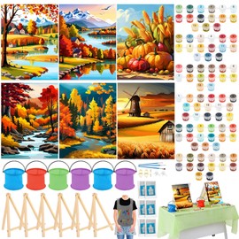 Gersoniel 6 Sets Fall Paint by Numbers Kit for Adults, 16x12 Inch Autumn Sip and Paint for Beginners, Pre Drawn Oil Painting on Canvas, DIY Painting Kit Bulk Gifts for Thanksgiving