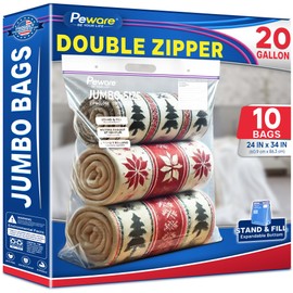 Jumbo Plastic Storage Bags, Extra Large 20Gallon Resealable Zipper Lock Seal Bags for Bedding, Clothes, Travel, and Food, Moving Totes, 24"x34", 10 Pack