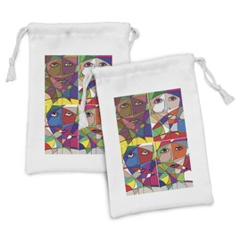 Ambesonne Abstract Fabric Pouch Set of 2, Abstract Woman Face Illustration Behind Stained Glass Styled Human Facial Feature, Small Drawstring Bag for Toiletries Masks and Favors, 9" x 6", Multicolor