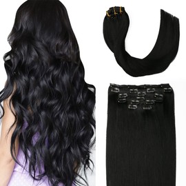 Clip-In Real Hair Extensions, Black, 45 cm, 6 Pieces, 120 g, Natural Hair Extensions, Straight Clip Extensions, #1, 18 Inches