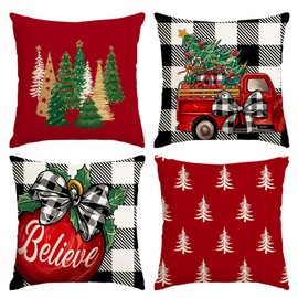 RABUSOFA Christmas Pillow Covers 18x18 Inch Set of 4,Red Truck Christmas Tree Throw Pillow Case Buffalo Plaid Bells Xmas Winter Holiday Decor Cushion Decorations Outdoor for Sofa Couch Home(19-18)