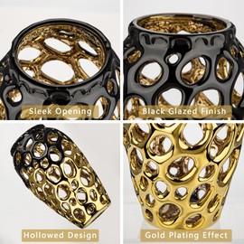 Black and Gold Vases for Centerpieces, Openwork Ceramic Flower Vase 8.7" Hollowed Decorative Pampas Grass Vase Gold Table Decor for Home Living Room Dinner Room Bedroom Office Wedding