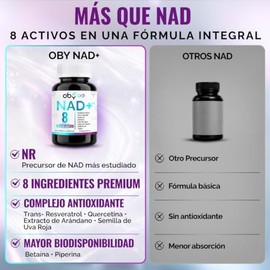 OBY NAD+ Trans Resveratrol Potenciado 8 Ingredientes Nicotinamide Ribosa, Resveratrol, Acido Alfa Lipoico, Betaina, Quercetina, Piperina, Antioxidante