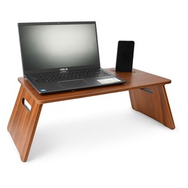 Fida Horeca Laptop Stand Wood Table | Foldable Wooden Stand with Phone Slot | Color: Walnut | Pine | 21.65x11.81x0.63 in | Height: 9.45 in